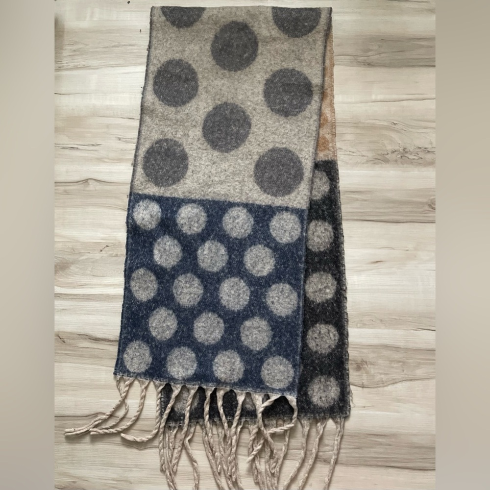 Cozy Polka Dot Wool Blend Scarf - Gray, Gold, and Blue - REVERSIBLE